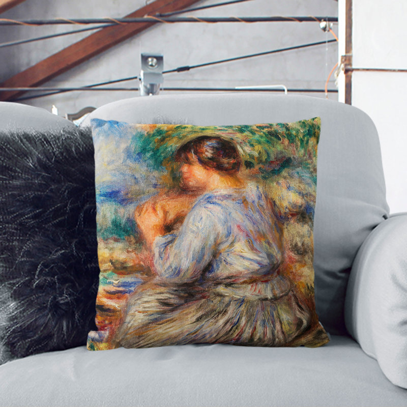 Girl Seated In A Landscape Square Throw Cushion, Black, 55cm H x 55cm W x 20cm D