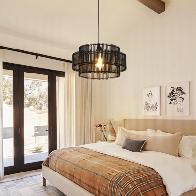 Luminaire suspendu 16 po en bambou naturel à double couche de style bohème avec auvent noir pour salle à manger