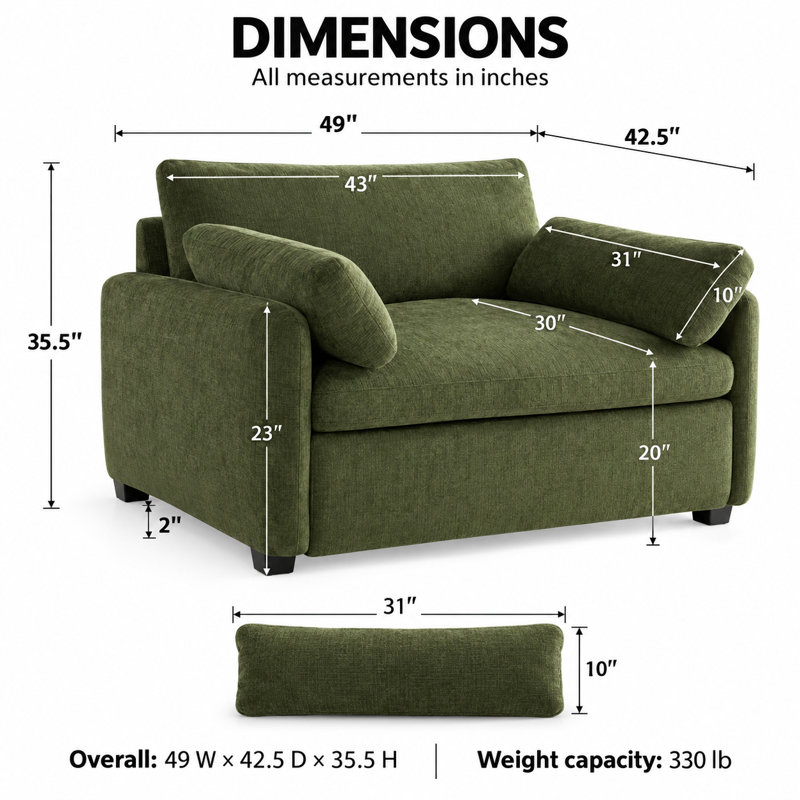 Fauteuil surdimensionné en chenille de 50 po de large Orelvessique avec assise profonde, coussins amovibles et 2 coussins