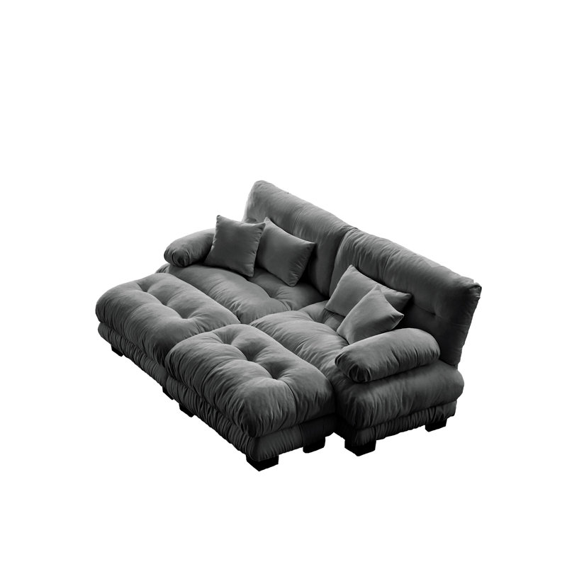Canapé-lit Cloud pour le salon, canapé 2 places en chenille avec 2 coussins lombaires et 2 coussins décoratifs, canapé rembourré à accoudoirs larges avec 2 repose-pieds, gris chenille