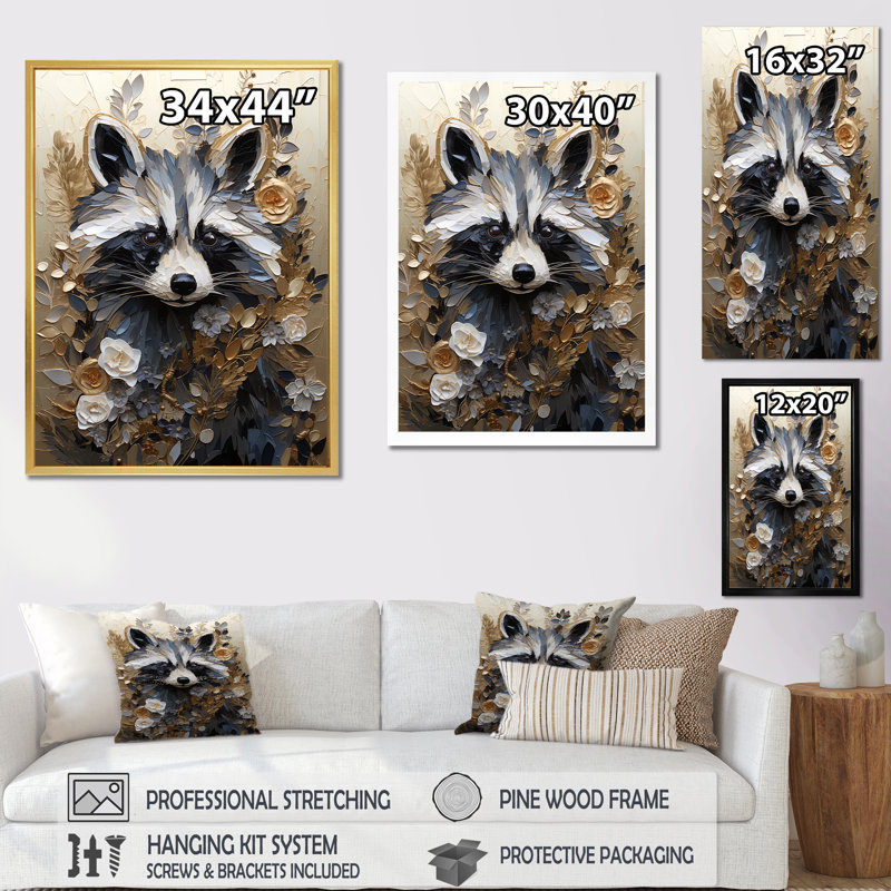 «Mischief Blooming Raccoon Portrait», reproduction sur toile, Toile tendue, H 20 po x l 12 po x P 1 po