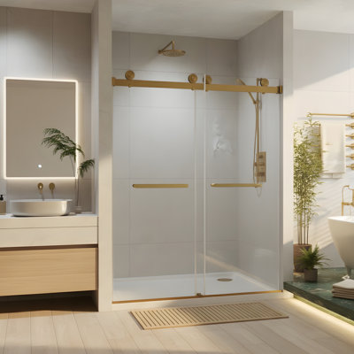Frameless Double Sliding  Shower Door 56-60 "W x 74" H, 5/16 "(8mm) Tempered Glass, Explosion Proof Film, Stainless Steel Handle, Square Tube Track, Brushed Gold