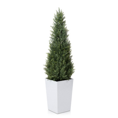 Faux Cedar Topiary Tree 4FT - UV Resistant Fake Cypress Tree with Big Planter and Decorative Plants