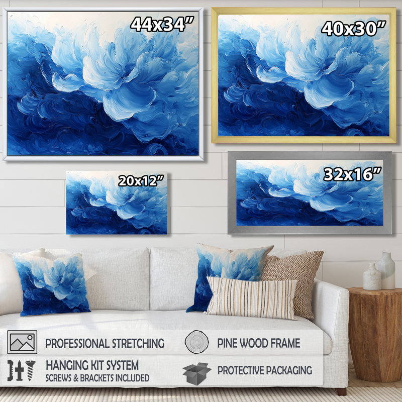 Bleu blanc délicat bouton d'or pétales de fleurs - fleurs abstraites, art mural, Cadre simple, Noir, H 12 po x l 20 po