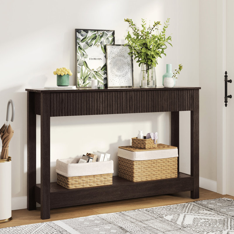 COCO DESIGN 47.2'' Console Table With 2 Drawers, Wood Sofa Table For Entryway Hallway Living Room, Dark Gray, Gray