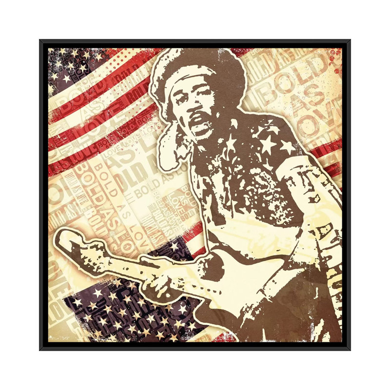 «Jimi Hendrix USA Bold as Love», reproduction d'impression, H 18 po x l 18 po x 1,5 po, Toile avec cadre noir, Aucun mat