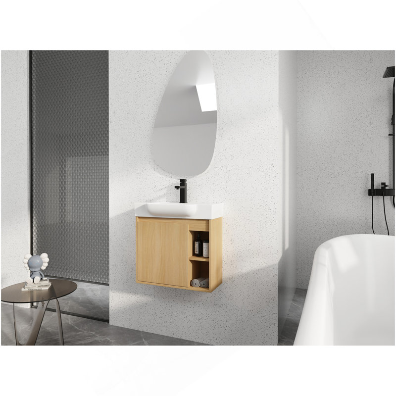 24'' Wall-Mounted Bathroom Vanity With White Ceramic Sink & Soft-Close Door, , Light Oak, 24", Light Oak