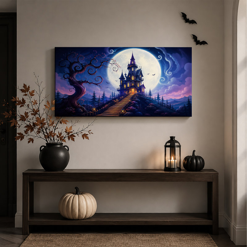 Maison hantée sous la pleine lune avec arbre tordu - Toile murale d'Halloween, L 40 po x H 20 po