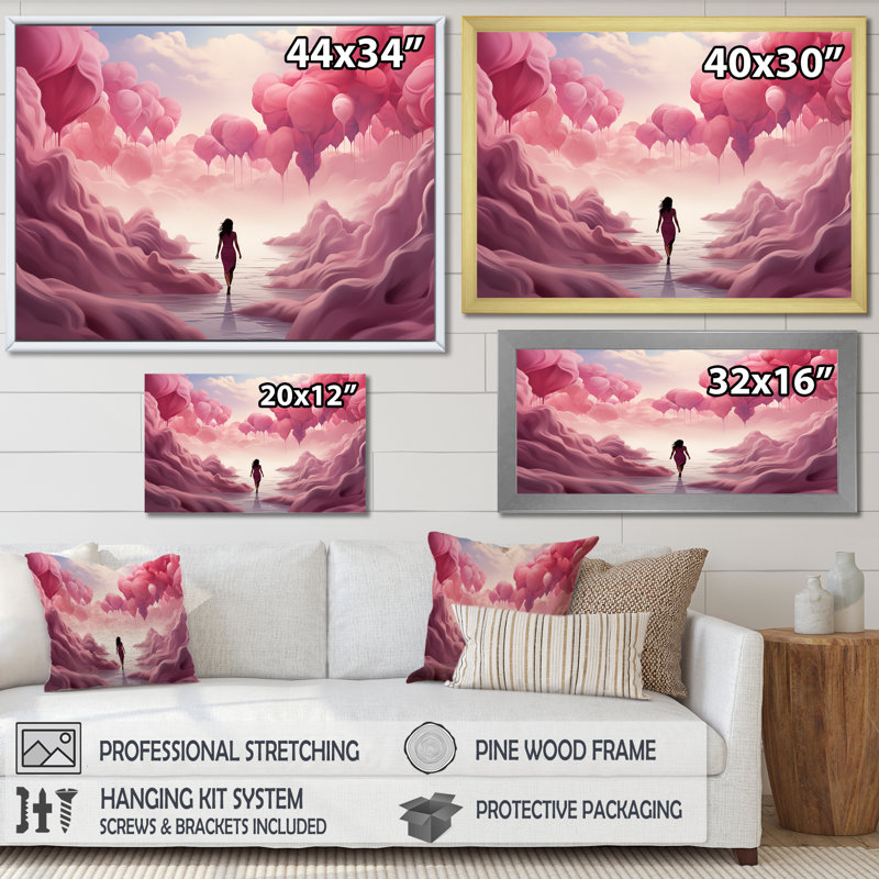«Rose and White Air Balloon Solitude II», art mural abstrait, Cadre doré à coins fermés, H 30 po x l 40 po x P 1,5 po