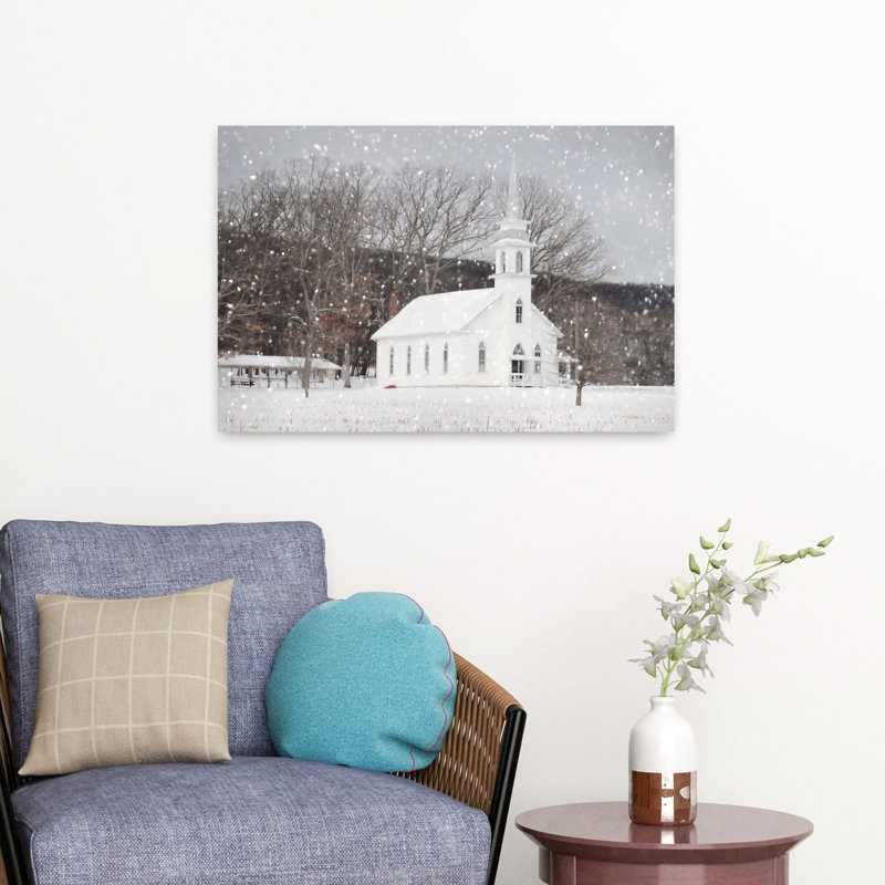 Weishample Church in Winter, art contemporain de paysage d'hiver abstrait, H 16 po x l 24 po