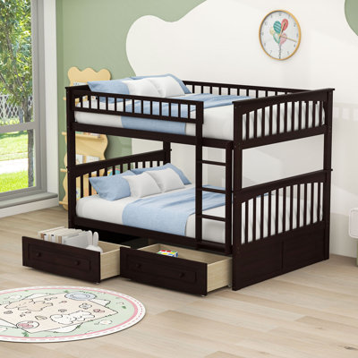 Full Over Full Two Drawers Wooden Bunk Bed With Guardrails And Slats