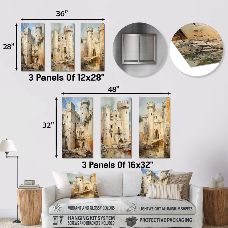 Château français français d'Avignon - ensemble d'art mural en métal 3 châteaux, H 32 po x l 48 po