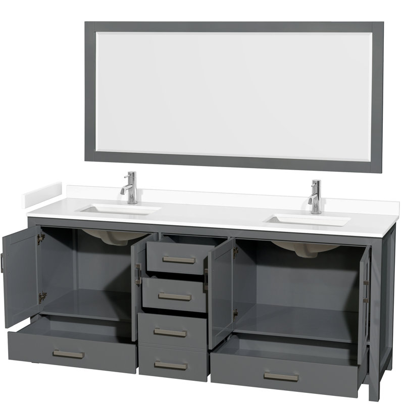 Sheffield 72" Double Bathroom Vanity with Mirror, White Cultured Marble, Dark Gray, 80"
