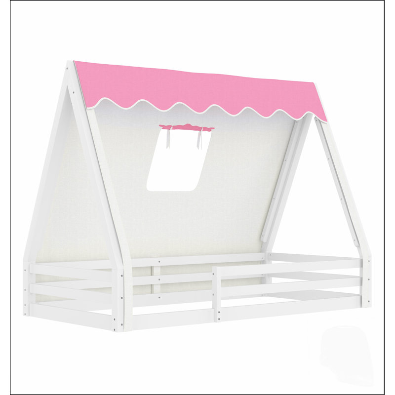 Lit cabane au sol avec tente et lumière, tipi en bois massif avec barrières de sécurité sur toute la longueur, charme enfantin d'inspiration Montessori
