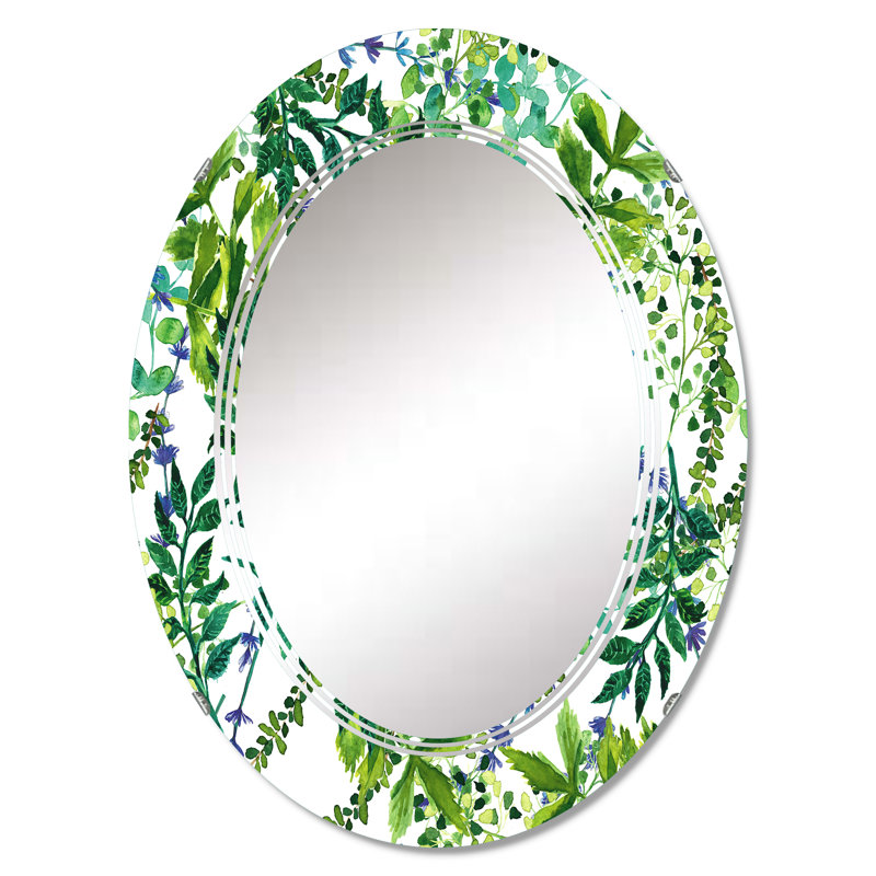 Green Herbs and Leaves On White - Miroir mural à motif ovale, 30 po x 20 po