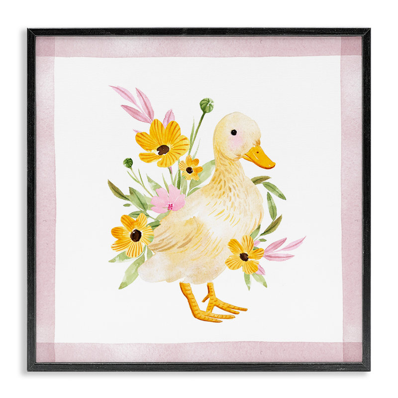 «Duck & Yellow Daisies», estampe numérique par Enya Todd, Giclée encadrée noir minuit, H 24 po x l 24 po