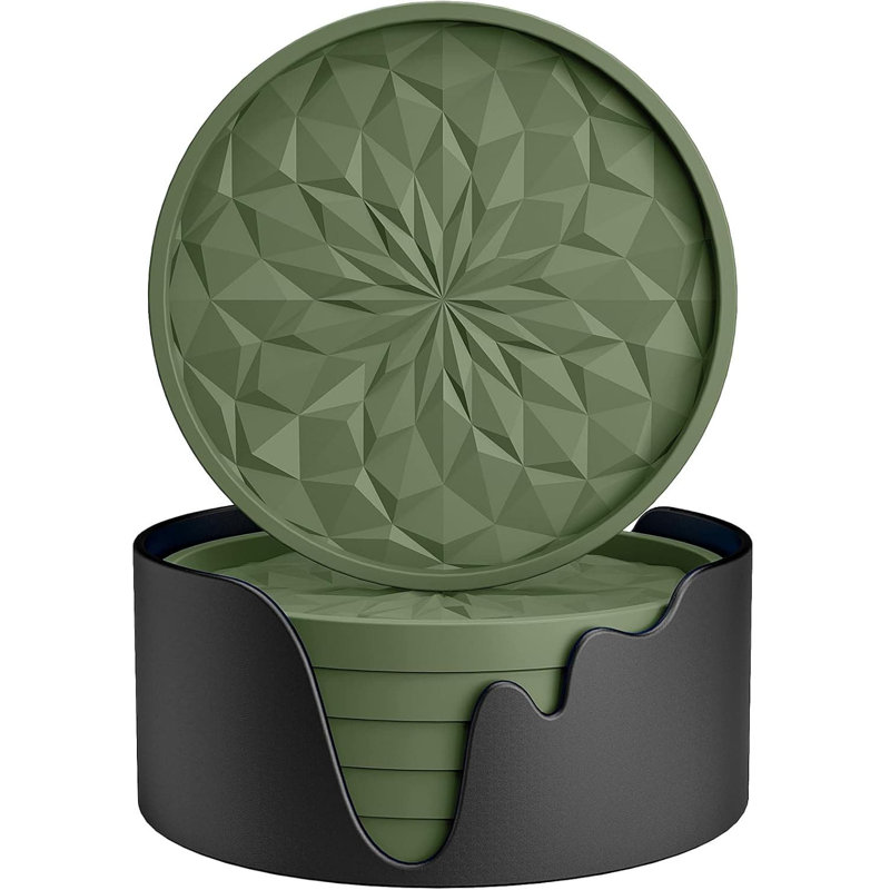 3.9" 6-Pack Orange Silicone Coasters with Holder - Non-Slip Drink Mat, Green