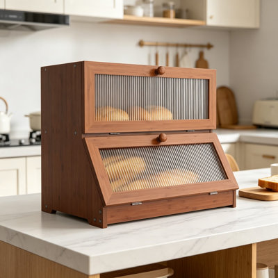 Boîte à pain en bambou pour comptoir de cuisine, grand contenant à double couche avec fenêtre transparente et couvercle magnétique, garde-pain sans BPA pour les articles de boulangerie faits maison