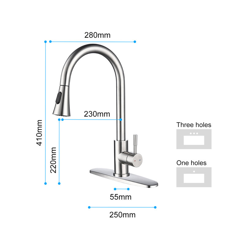 Robinet de cuisine escamotable - Levier unique pour un fonctionnement facile de l'eau, buse à arc élevé rotatif à 360 °, finition en nickel brossé sur acier inoxydable, surface de corrosion, bulles aérées douces et douces