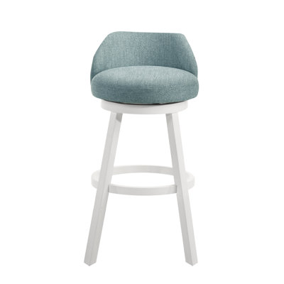 Erika Modern Transitional Swivel Wood Bar Height Kitchen Bar Stool In White Finish With Light Blue Fabric Upholstered Seat