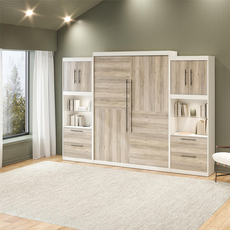 Lit escamotable Tapaktuan avec armoires de rangement latérales, Grand, Blanc / chêne gris