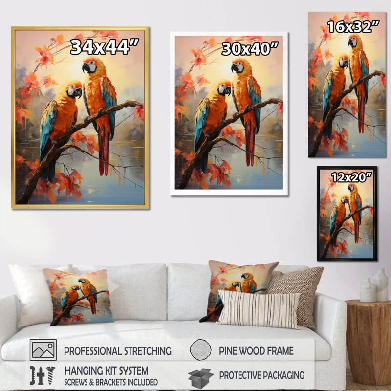 Perroquets coucher de soleil sérénade sur toile, Cadre flottant blanc, H 32 po x l 24 po x P 1 po