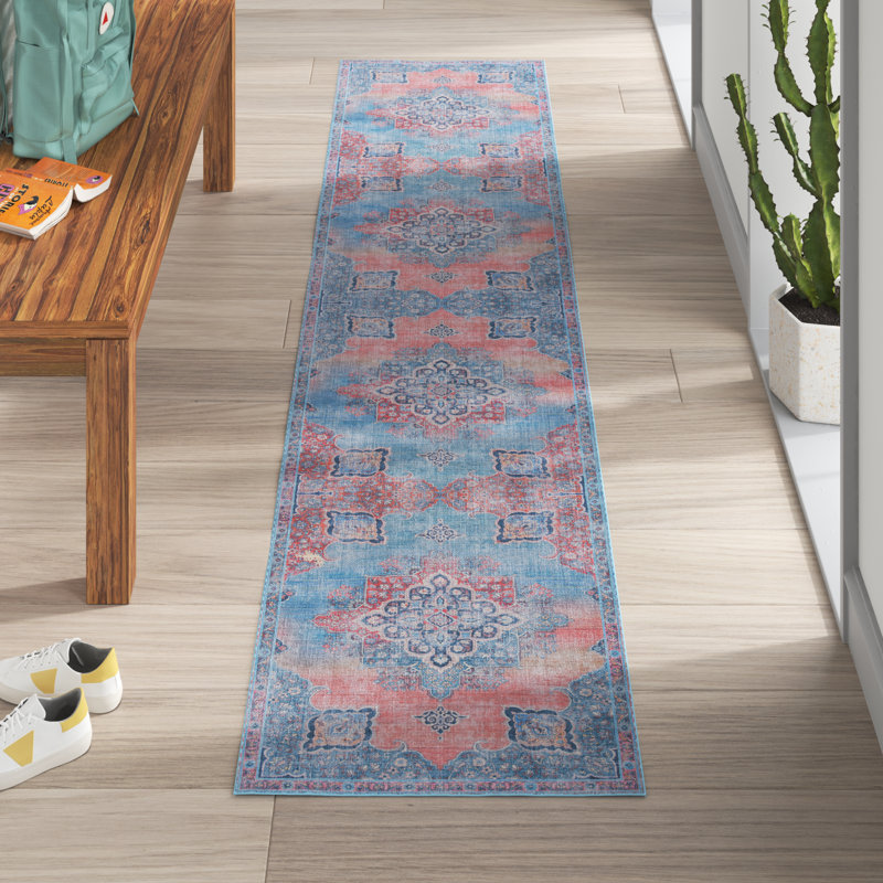Tapis oriental rouge / bleu Demetrius, Tapis de couloir 2 pi x 9 pi
