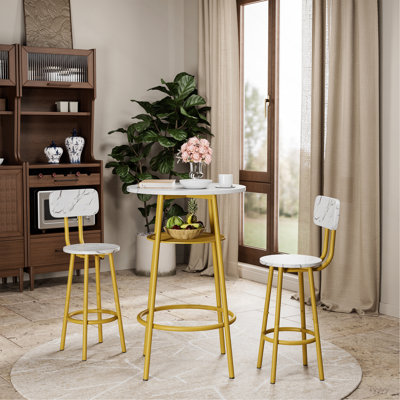 3 Pcs Dining Table And Chairs Set With 2 Stools Dining Table Set Faux Marble Tabletop For Home Or Hotel Dining Room, Kitchen Or Bar
