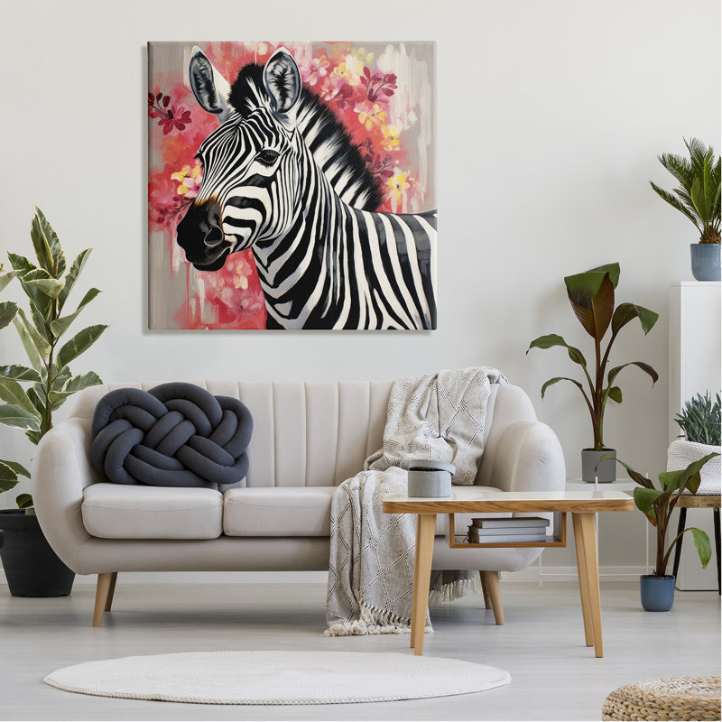 Art mural sur toile Zèbre avec fleurs roses par Lazar Studio, H 36 po x l 36 po x P 1,5 po