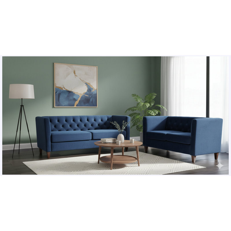 Canapé 2 places Mid-Century, Polyester bleu foncé