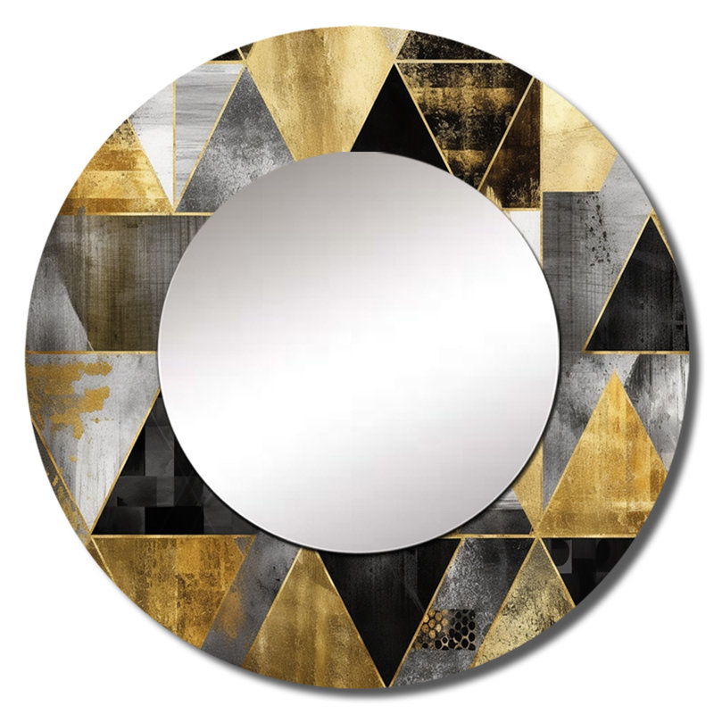 Okkel Gold géométrique ordre II - grand miroir géométrique, miroir mural rond doré, art imprimé en métal, 23 po x 23 po