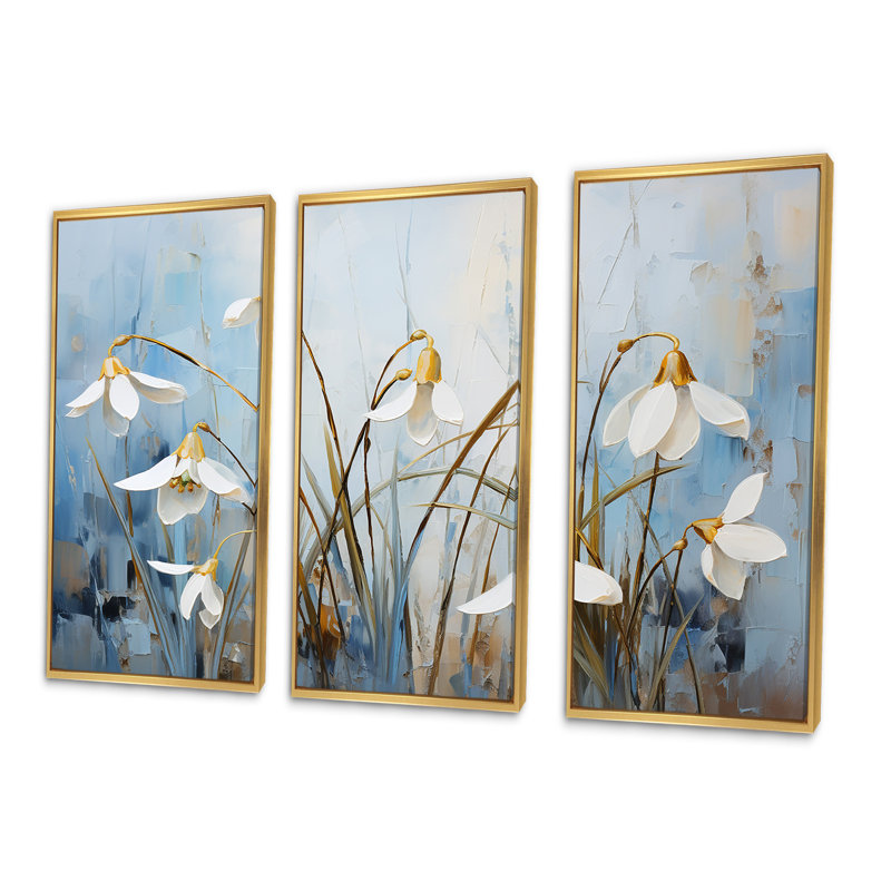 Ensemble de salon art mural bleu et doré Flower Simplicity III - Snowdrops, Cadre flottant doré, H 32 po x l 48 po x P 1 po