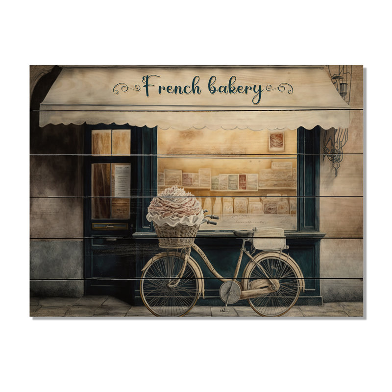 Vélo devant une boulangerie française IV - impression sans cadre sur bois, L 32 po x H 16 po x P 1 po