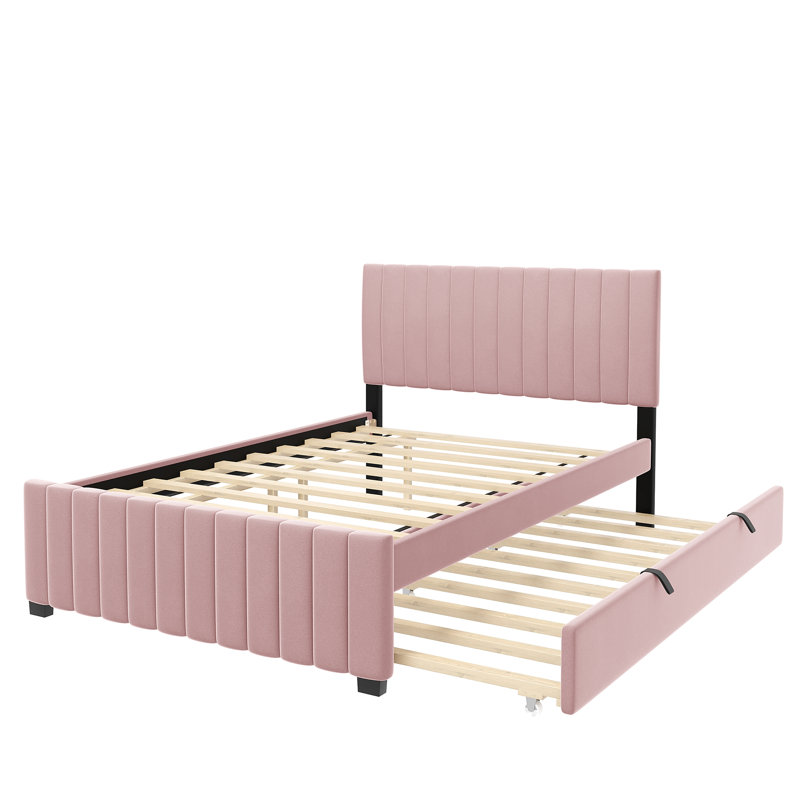 Full Size Velvet Upholstered Platform Bed With Twin Size Trundle, Pink