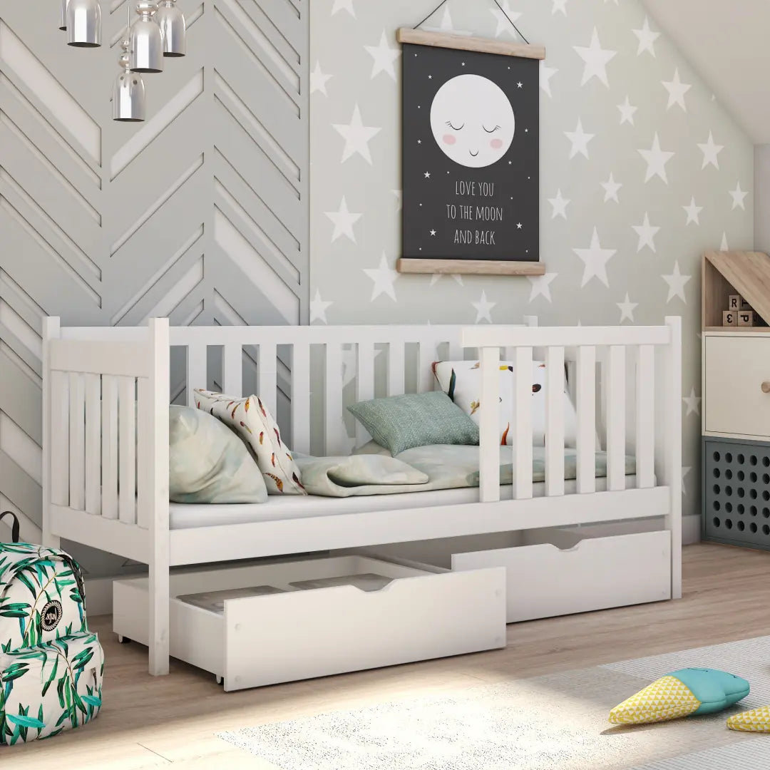 Wooden Single Bed with Storage 90x190cm - Safe Guardrail & Double Drawers