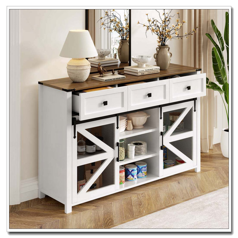 Buffet de porte de grange coulissante 55 "avec tiroirs, tablettes réglables et portes grillagées en métal, Blanc