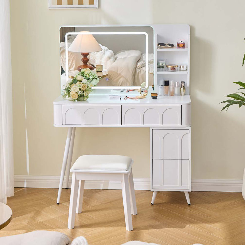 Ensemble de coiffeuse maquillage avec lumières DEL et miroir, ensemble de coiffeuse 4 tiroirs avec tabouret pour des routines de beauté améliorées