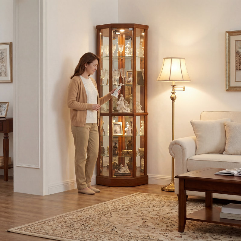Vitrine de coin lumineuse avec portes en verre et tablettes en verre, Noyer chaud