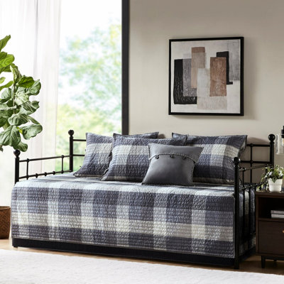 Housse de lit de jour grise 6 pièces - Style carreauté réversible avec 3 taies décoratives et coussin décoratif, microfibre, mélange de coton 6 pièces de conception unie avec housse, microfibre de 15 pouces