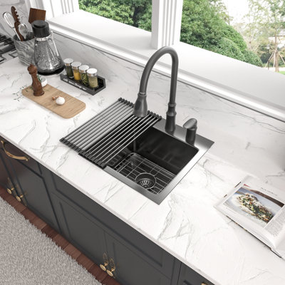 15'' L x 15'' W Drop-In Kitchen Sink, Black NANO Stainless Steel Kitchen Sink with Sink Grid, Strainer & Roll-Up Rack