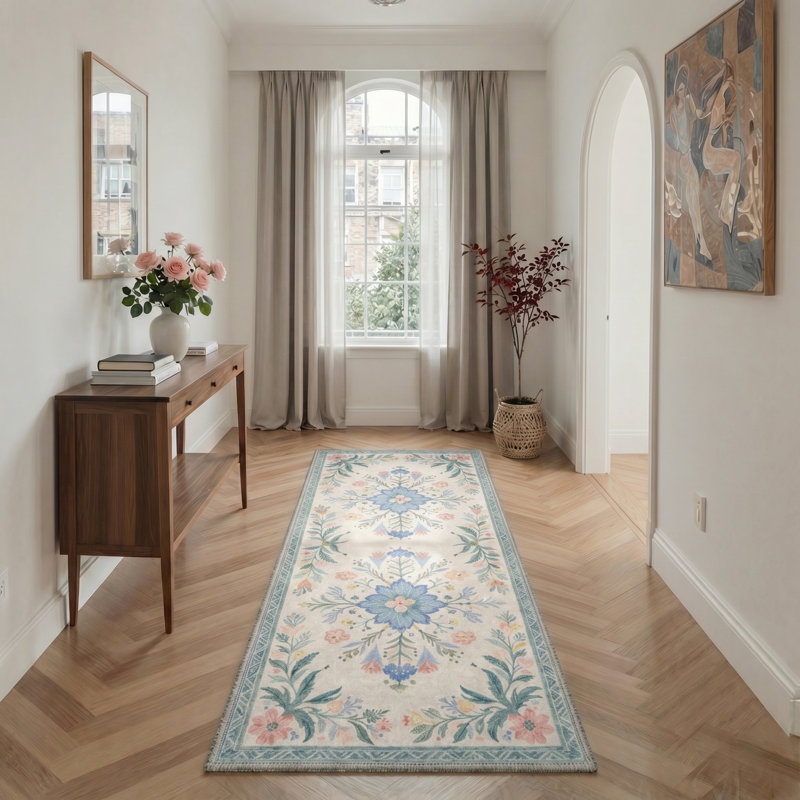 Abadou Vintage Floral Machine Washable Dusty Blue / Beige Indoor Area Rug With Non-Slip Backing, Runner 2'6" x 8'
