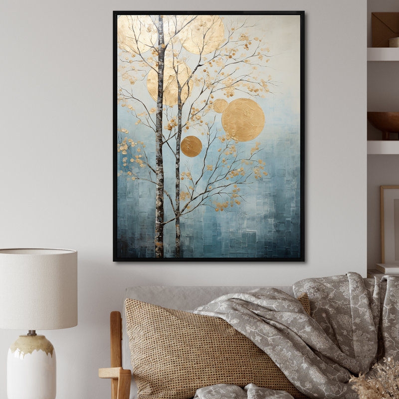 «Minimalisme or et paysage d'arbres bleus I», reproduction sur toile, Silver Picture Framed, 40" H x 30" W