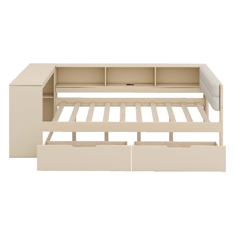 Lit plateforme double en bois avec tête de lit tapissier, tablettes, tiroirs et station de charge, Complet/Double