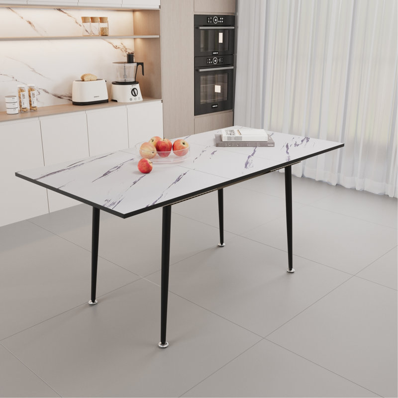 Table extensible de 47 po à 63 po, marbre blanc, industrielle moderne pour la cuisine et la salle à manger, avec pieds en métal noir