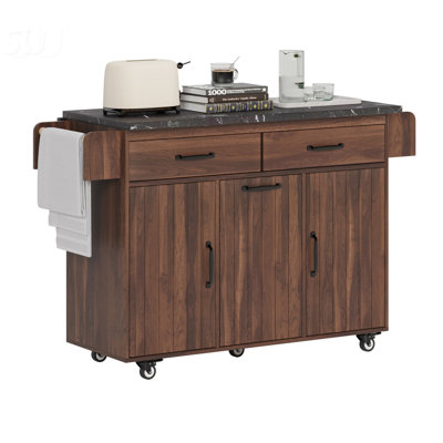 43"W Kitchen Island with Trash Can Compartment and Drop Leaf