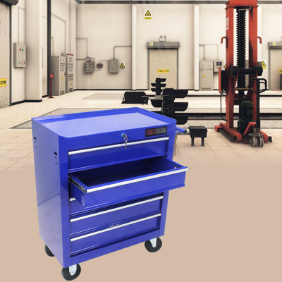 Coffre à outils à 5 tiroirs avec serrure et 4 roulettes pivotantes, supports à roulettes bleues, pour le rangement