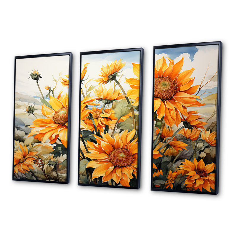 Sunflowers Minimalisme Dream I - Ensemble de décoration murale tournesols, Cadre flottant noir, H 40 po x l 60 po x P 1 po