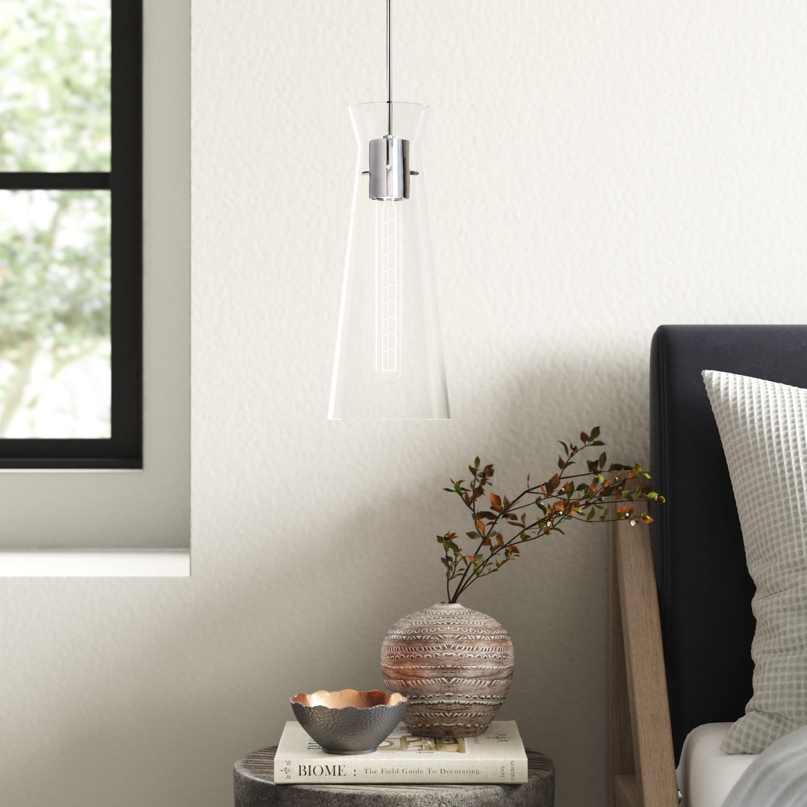 Gena Single Light Glass Pendant, Polished Nickel