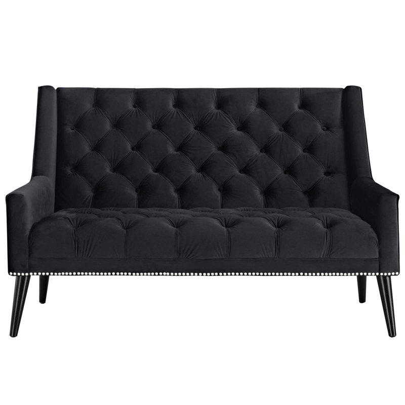 Modway Peruse Tufted Velvet Mid-Century Loveseat, Black Faux Leather