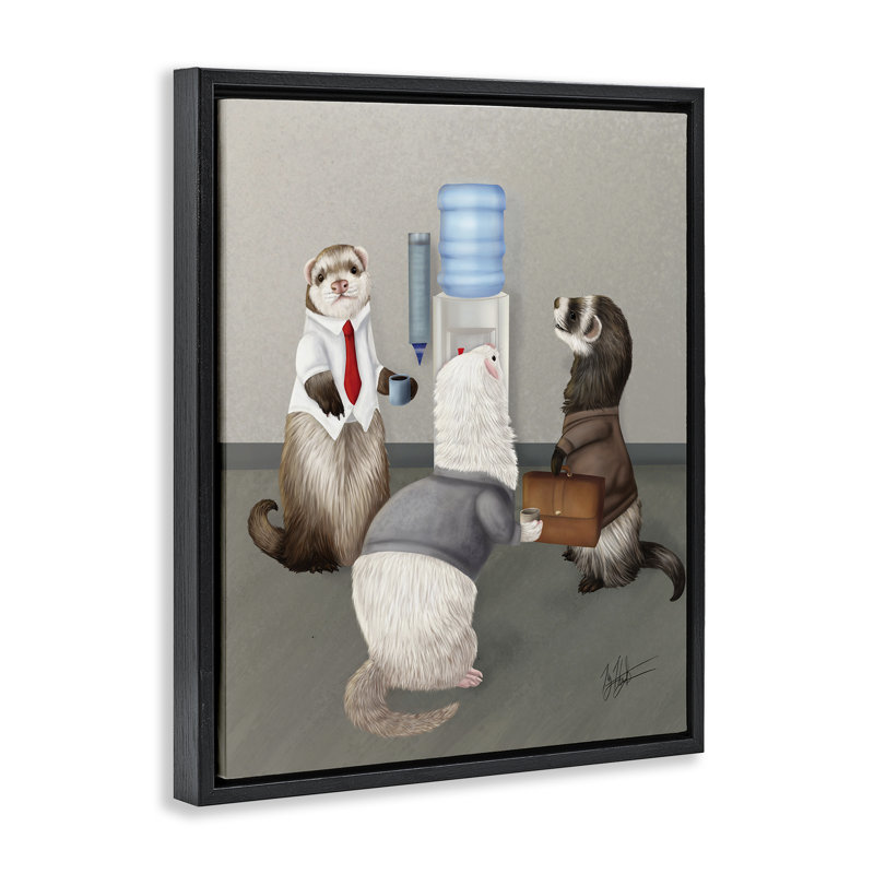 "Office Ferrets Water Cooler Brown", encadrée par Floater, Cadre flottant noir de jais, H 21 po x l 17 po